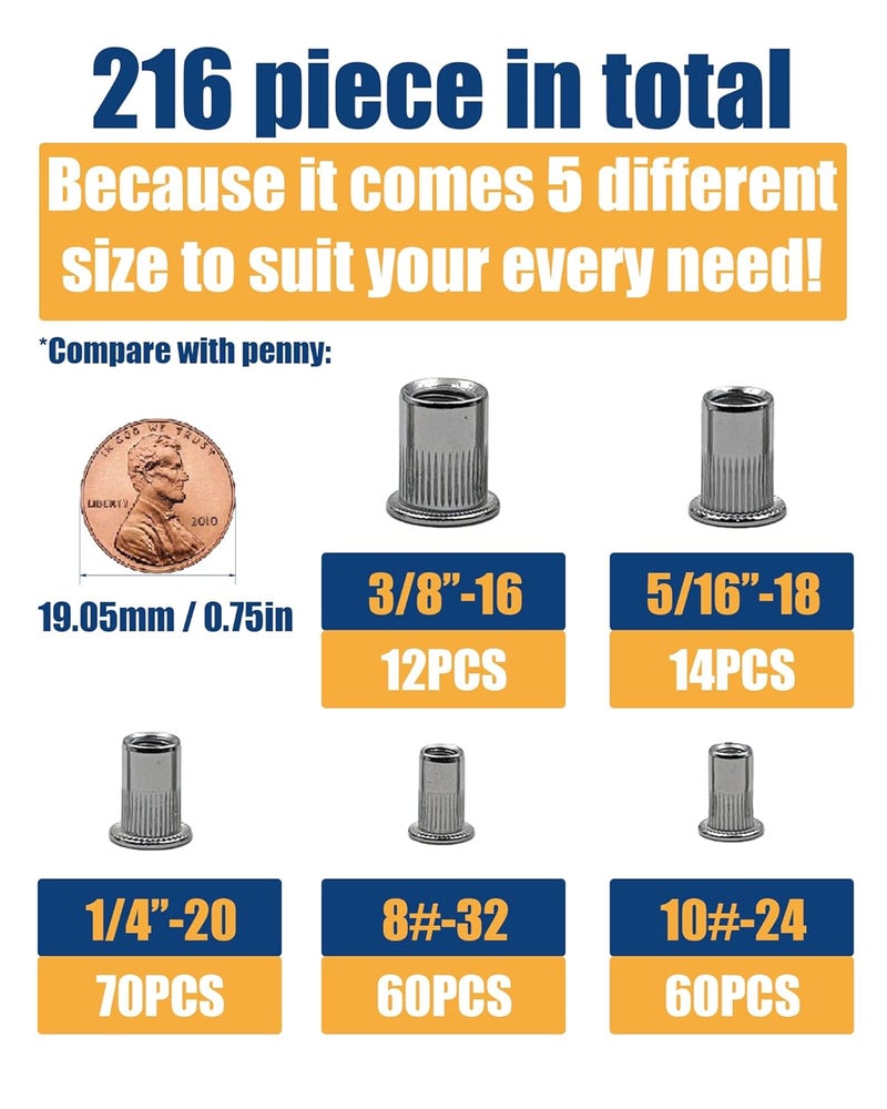 ELEFOCUS SAE Rivet Nut Kit 216cs 8-32 10-24 1/4-20 3/8-16 5/16-18 304 Stainless Steel Flat Head Threaded Rivet Insert Rivnut Kit - Image 3